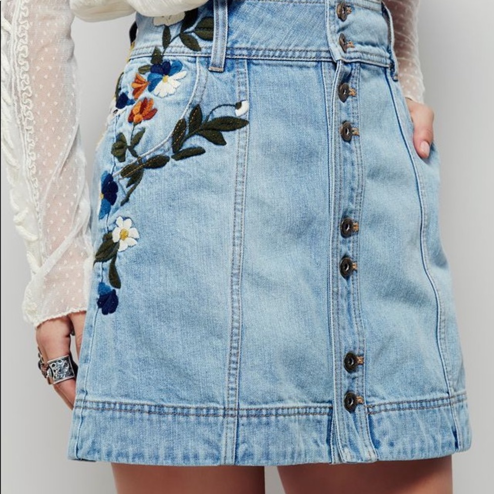 Free People embroidered button front denim mini skirt